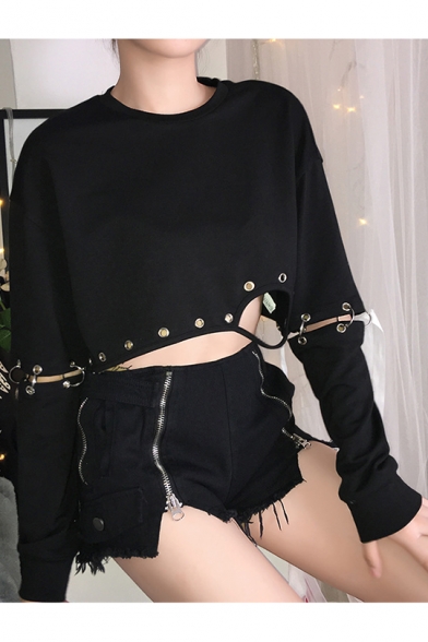 Women's Cool Punk Style Black Round Neck Metal Rings Detail Long Sleeve Cropped Sweatshirt