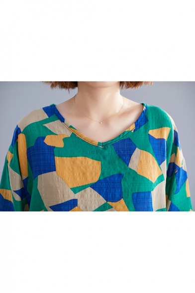 Women's Fashion Geometric Print V-Neck Half Sleeve Loose Green Linen Blouse Top