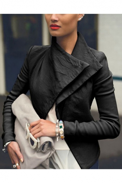 Women's Lapel Lapel Zipper Long Sleeve Cool Black PU Leather Moto Jacket