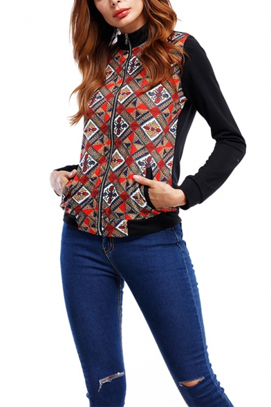 Women's New Stylish Tribal Printed Stand Collar Long Sleeve Zip Up Slim Fit Jacket