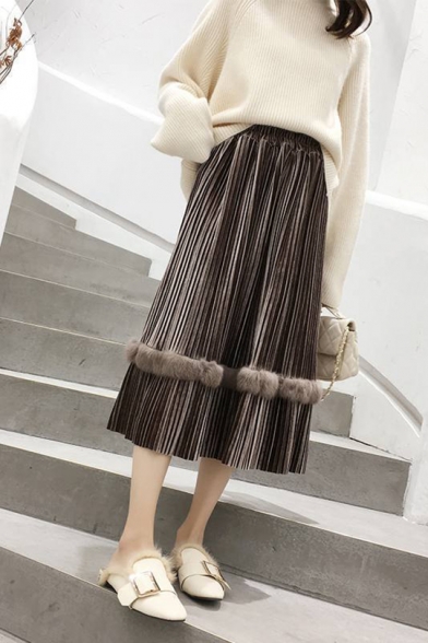 Womens Elegant High-Waisted Velvet Plush Edges Plain Pleated Midi Skirt