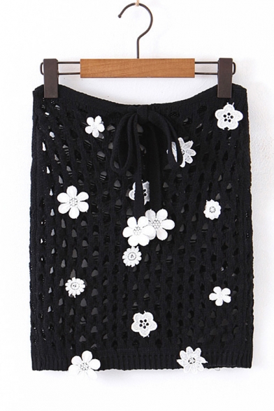 Womens Fancy Floral Embroidery Hollow Out Black Knitted Mini Skirt