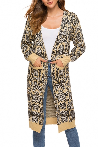 Womens Fashion Snake Print Open Front Long Sleeve Longline Cardigan with Pockets
