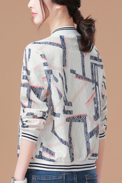 Womens Fashionable Geometric Print Standing Collar Casual Baseball Jacket