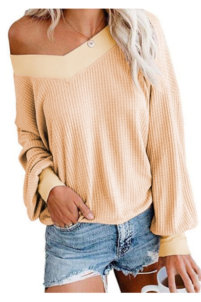 Womens Hot Popular V-Neck Long Sleeve Solid Color Loose Fit Knitted Sweater