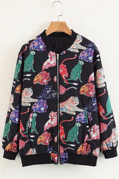 Womens New Fashion Colorful Animal Tiger Print Stand Collar Black Zip Jacket