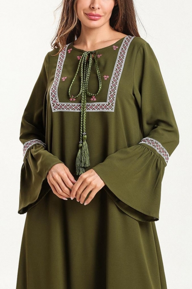 Womens New Fashion Round Neck Bell-Cuff Floral Geometric Pattern Bow-Tied Tassel Green Shift Maxi Dress