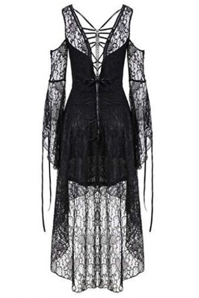 Womens New Fashion Sexy Black Transparent Lace Cold Shoulder Long Sleeve Button Front Maxi Dress