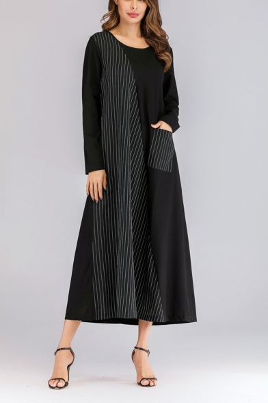 Womens New Stylish Round Neck Long Sleeve Striped Panelled Pockets Black Swing Maxi Dress
