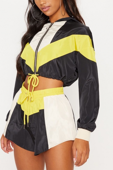 Womens Patchwork Athletic Style Hoodie Long Sleeve Midriff Top with Drawstring Shorts Co-ords