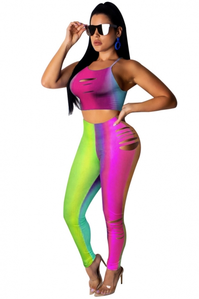 Womens sexy Ombre Print Rips Strap Crop Tops High Waist Workout Pants Two Piece Set