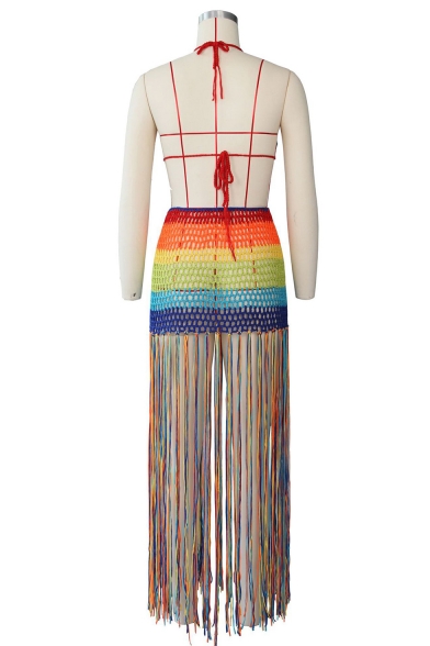 Womens Sexy Swimming Rainbow Stripes Print Knit Mesh Bustier Top with Long tassel lace Skirts Co-ords