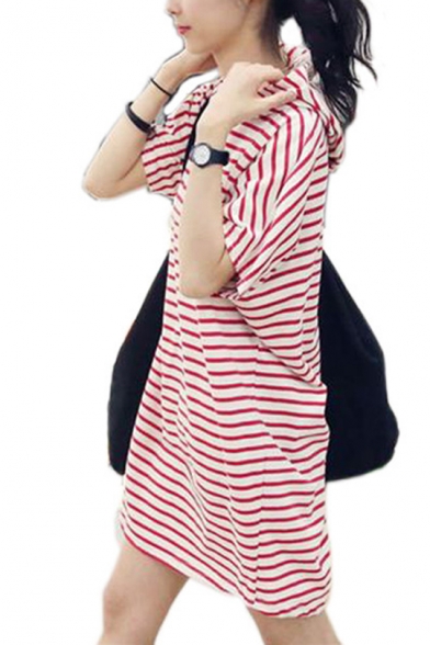 Womens Summer Hoodie Batwing Sleeve Striped Loose Sweatshirt Mini Dress