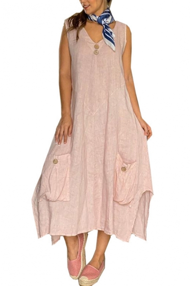Womens Summer V-Neck Sleeveless Button Pockets Plain Slit Asymmetrical Shift Maxi Dress