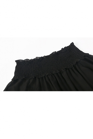 Womens Trendy Black Ruffled Long Sleeve Transparent Black Off Shoulder Chiffon Blouse Top