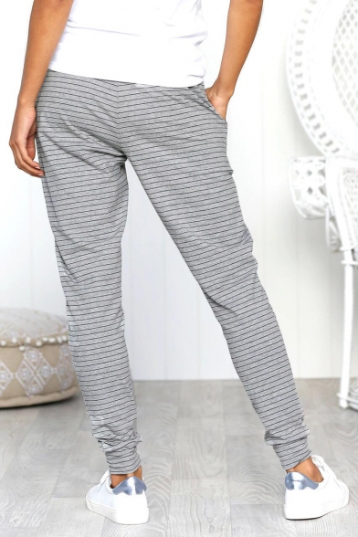 Womens Trendy Grey Stripe Printed Drawstring Waist Slim Fit Casual Pants Trousers
