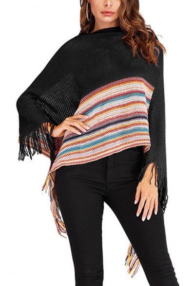 Womens Vintage Style Stripes Print Tassel Hem Ribbed Knit Cape Sweater