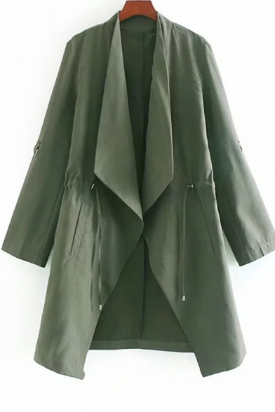 Army Green Collared Neck Long Sleeve Drawstring Waist Long Trench Coat