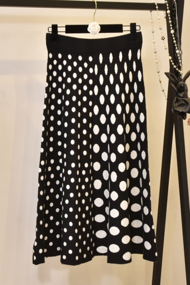 Black High Waist Polka Dot Printed Flared Maxi Knitted A-Line Skirt