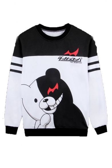 Cartoon Black and White Bear Stripe Pattern Round Neck Long Sleeve Unisex Casual Pullover Sweatshirts