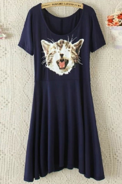 Cartoon Cat Printed Round Neck Short Sleeve Mini Pleated Modal T-Shirt Dress