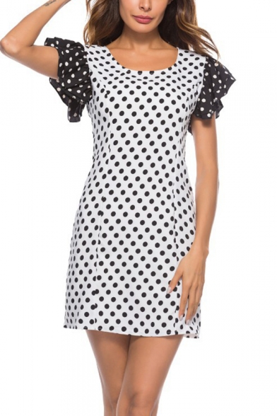 Classic Fashion Polka Dot Printed Round Neck Ruffled Sleeve White Mini Sheath Dress
