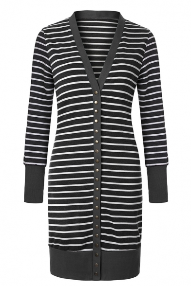 Classic Stripes Contrast Panel Single Breasted Long Sleeve Longline Open Front Coat