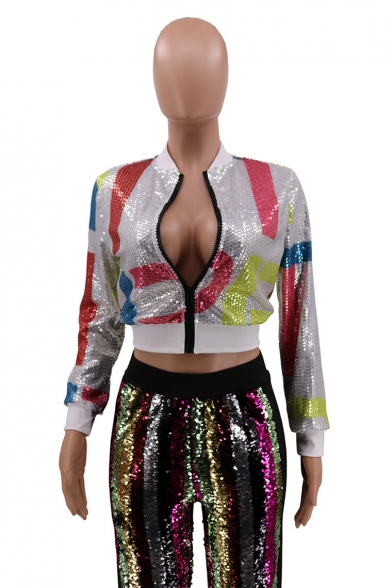 Colorful Geometric Pattern Printed Sequined Trim Long Sleeve Fitted Zip Up Cropped Jacket