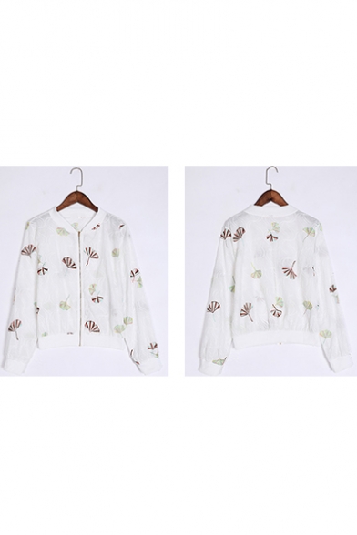 Colorful Ginkgo Leaf Pattern Printed Stand Collar Long Sleeve White Cropped Jacket Coat