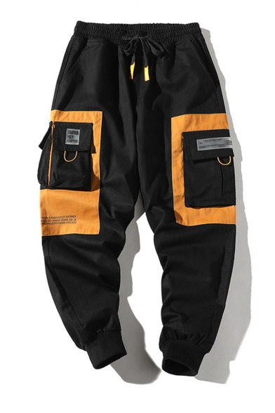 Cool Fashion Colorblock Multi-pocket Drawstring Waist Mens Trendy Sports Cargo Pants