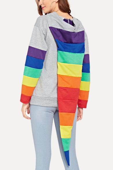 Cool Unique Long Sleeve Rainbow Striped Patch Casual Loose Hoodie