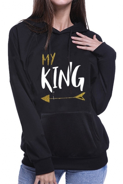 Couple My KING/ My QUEEN Letter Printed Long Sleeve Black Pullover Hoodie With Pocket
