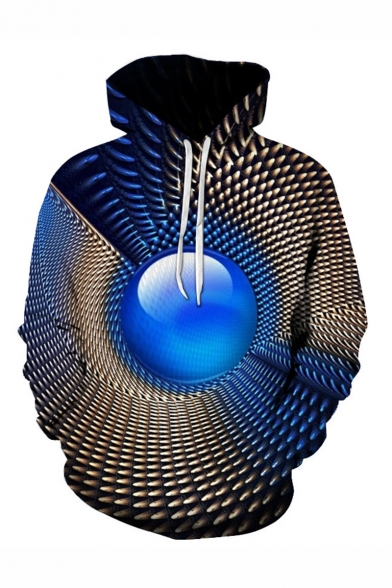 Creative Fashion Geometric 3D Printed Drawstring Hooded Long Sleeve Blue Loose Hoodie