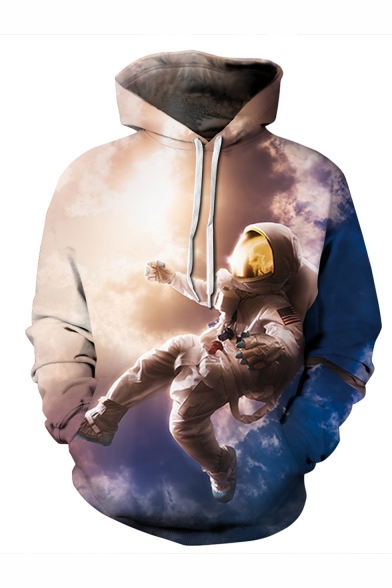 Creative Fashion Space Astronaut 3D Printed Long Sleeve Khaki Drawstring Hoodie