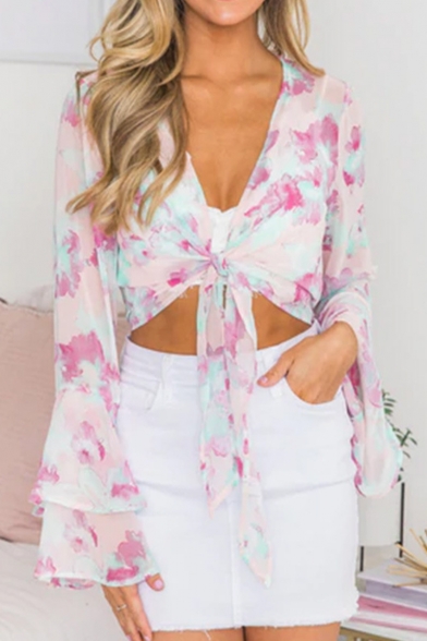 Fashion Pink Floral Printed Sexy Plunging Neck Knotted Hem Cropped Chiffon Blouse Top