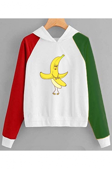 Funny Banana Print Color Block Long Sleeve Hoodie