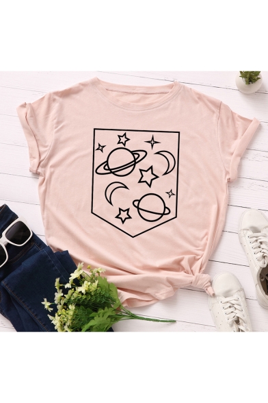 Girls Funny Cute Comic Printed Round Neck Short Sleeve Casual Cotton Tee