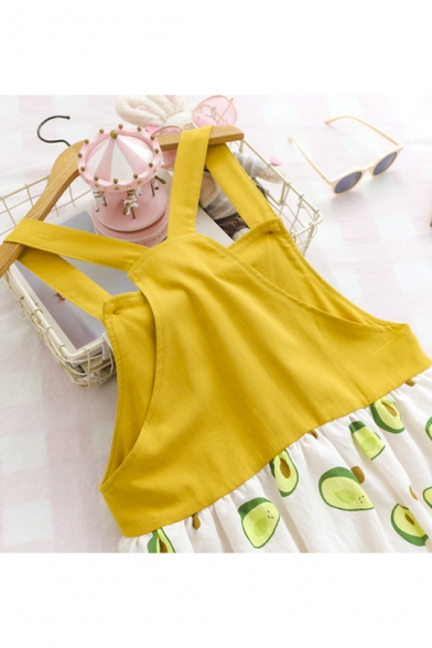 Girls Summer Hot Popular Allover Avocado Printed Midi Ruffled Overall Pinafore Dress