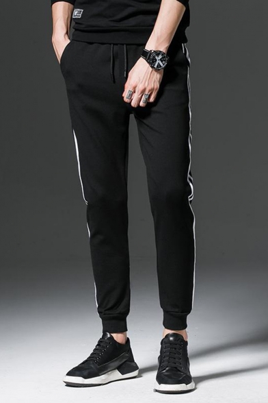 Guys Simple Fashion Contrast Stripe Side Black Drawstring Waist Casual Sweatpants
