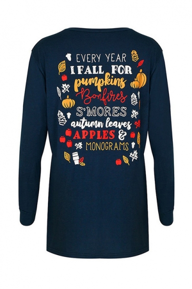 Halloween Cartoon Pumpkin Letter Printed Long Sleeve Round Neck Blue Pullover Sweatshirt