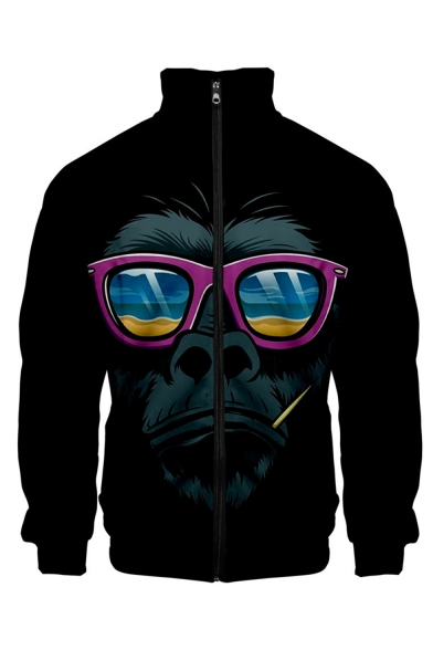 Hot Fashion 3D Monkey Printed Rib Stand Collar Long Sleeve Zip Up Baseball Jacket