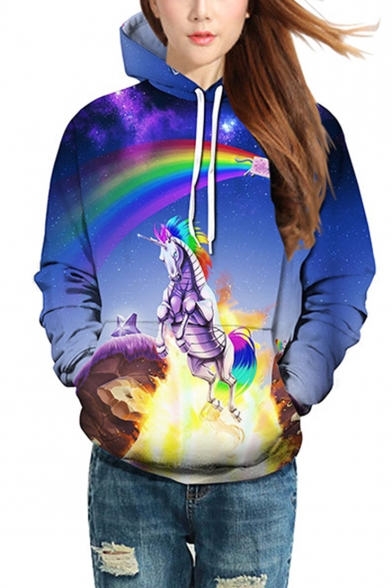 Hot Fashion Cool Unicorn Galaxy Rainbow 3D Printed Drawstring Hooded Long Sleeve Unisex Blue Loose Hoodie