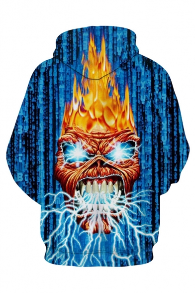 Hot Fashion Fire Skull 3D Printed Long Sleeve Blue Casual Loose Hoodie