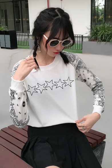 Hot Fashion White Star Print Long Sleeve Round Neck Regular Sweatshirt