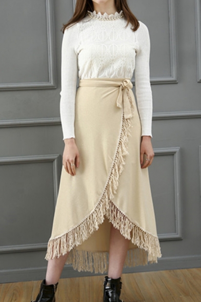 Hot Popular Apricot Tie Waist Fringe Hem Midi Knitted Wrap Skirt