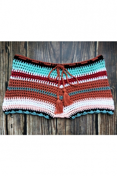 Hot Stylish Womens Tie Waist Striped Crochet Knitting Cutout Sexy Bikini Short