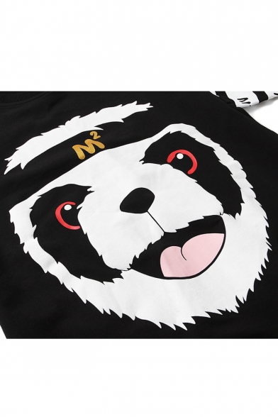 Hot Trendy Cartoon Panda Letter Stripe Printed Round Neck Long Sleeve Black Casual Sports Sweatshirts