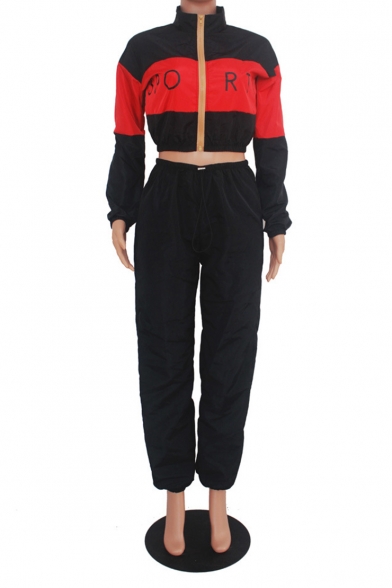 Long Sleeve Colorblock Patch Letter Printed Coat with Drawstring Waist Pants Loose Co-ords
