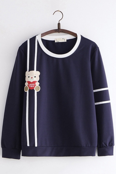 LOVE YOU Letter Cute Bear Printed Round Neck Strip Long Sleeve Sweatshirt