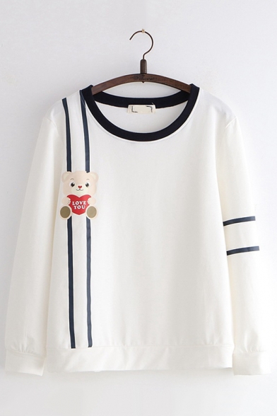 LOVE YOU Letter Cute Bear Printed Round Neck Strip Long Sleeve Sweatshirt